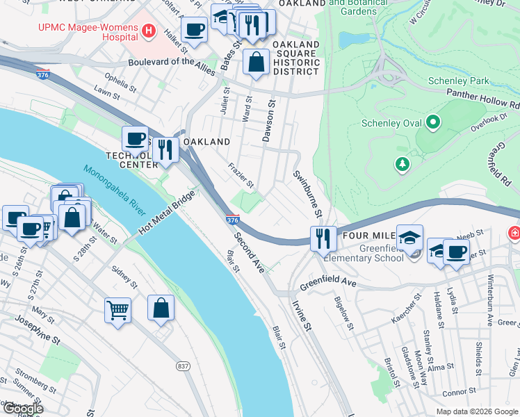 map of restaurants, bars, coffee shops, grocery stores, and more near 3638 Frazier Street in Pittsburgh