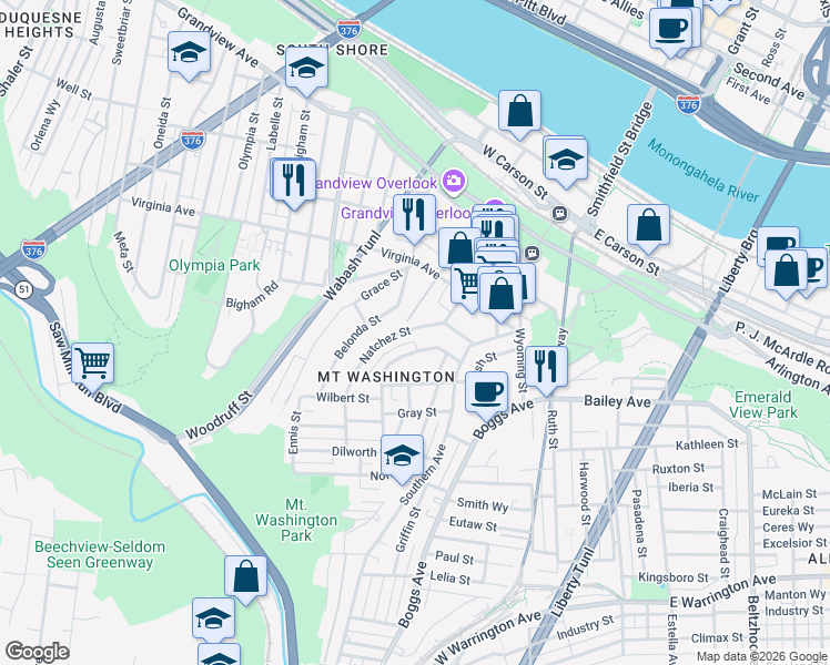 map of restaurants, bars, coffee shops, grocery stores, and more near 247 Natchez Street in Pittsburgh