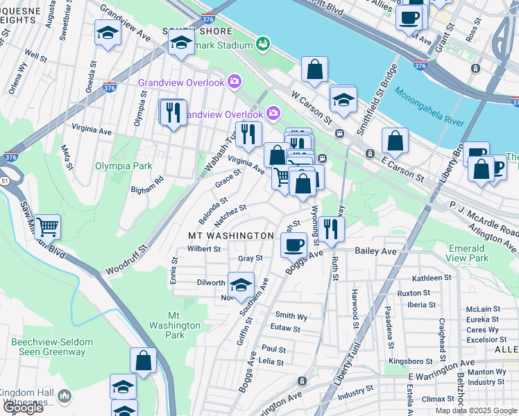 map of restaurants, bars, coffee shops, grocery stores, and more near 34 Natchez Street in Pittsburgh