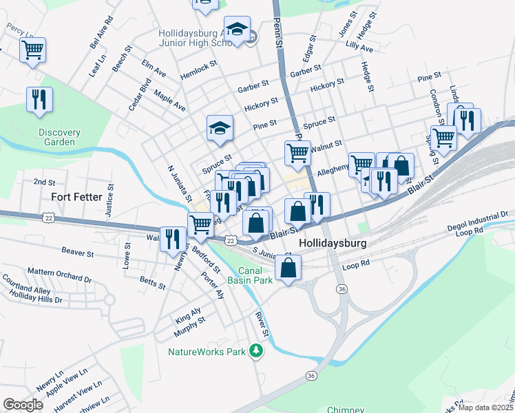 map of restaurants, bars, coffee shops, grocery stores, and more near 400 Allegheny Street in Hollidaysburg