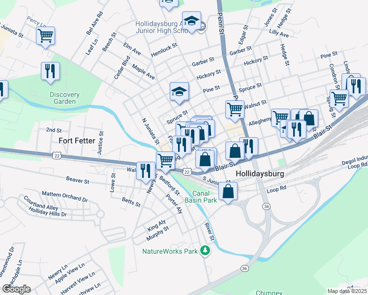 map of restaurants, bars, coffee shops, grocery stores, and more near 208 Walnut Street in Hollidaysburg