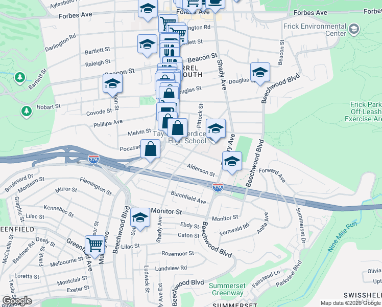 map of restaurants, bars, coffee shops, grocery stores, and more near 5841 Forward Avenue in Pittsburgh