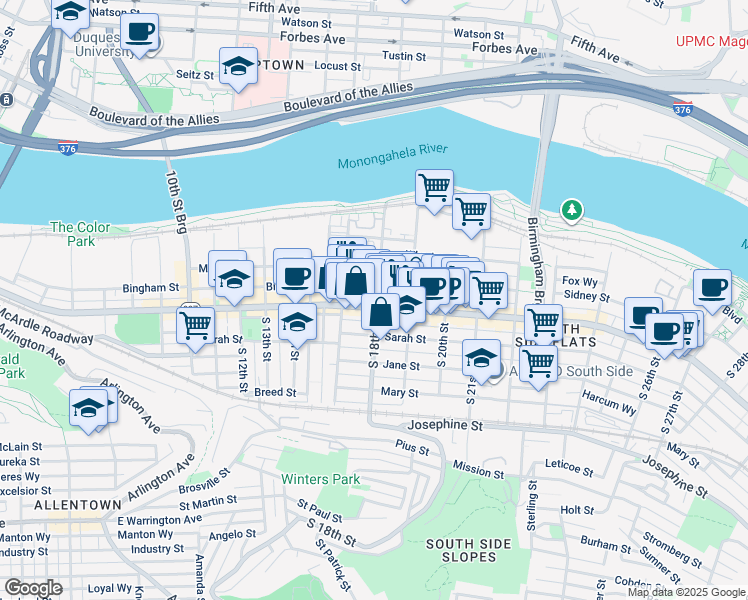 map of restaurants, bars, coffee shops, grocery stores, and more near 1829 East Carson Street in Pittsburgh