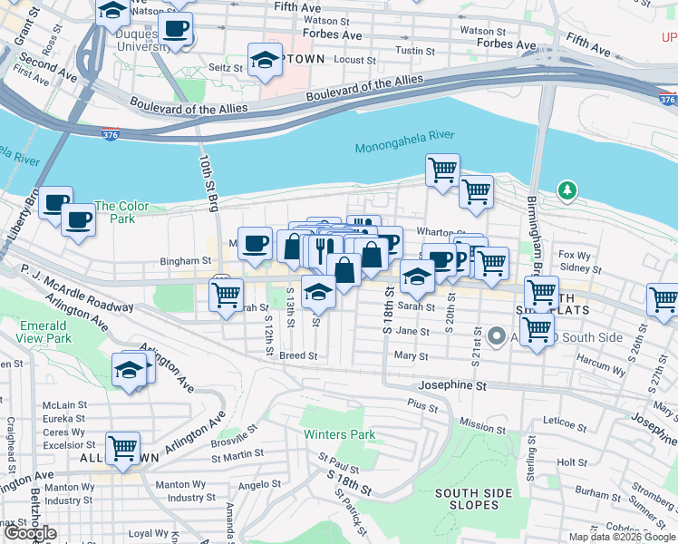 map of restaurants, bars, coffee shops, grocery stores, and more near in Pittsburgh