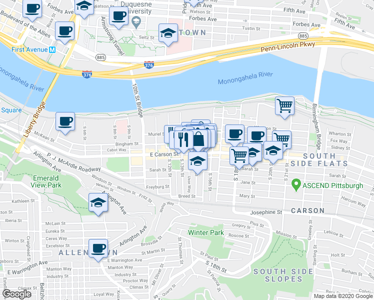 map of restaurants, bars, coffee shops, grocery stores, and more near 1323 Bingham Street in Pittsburgh