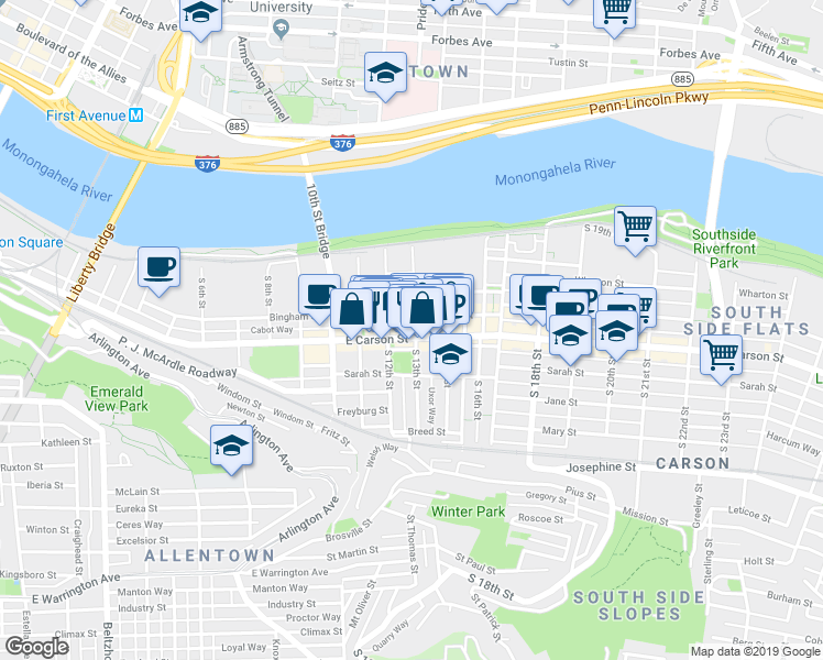 map of restaurants, bars, coffee shops, grocery stores, and more near in Pittsburgh