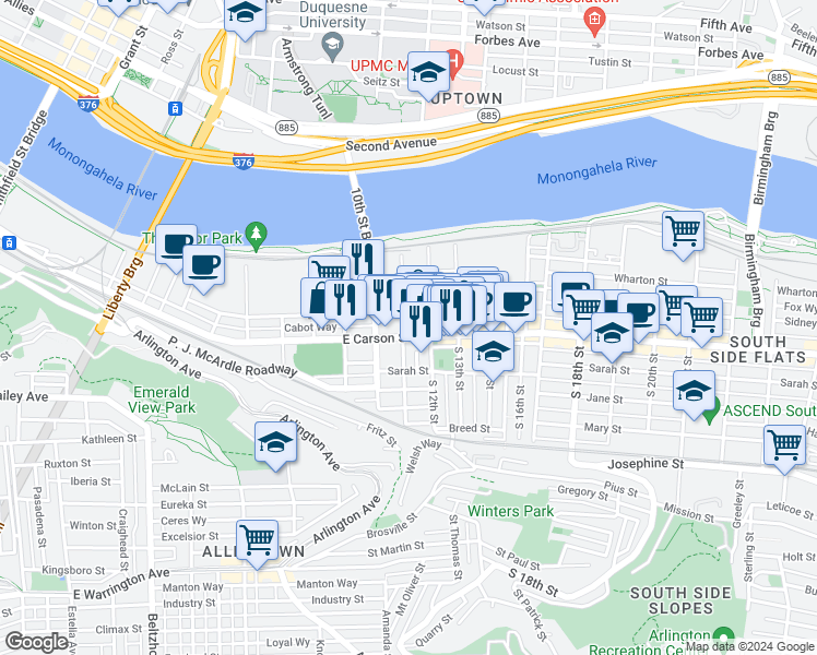 map of restaurants, bars, coffee shops, grocery stores, and more near 1101 Bingham Street in Pittsburgh