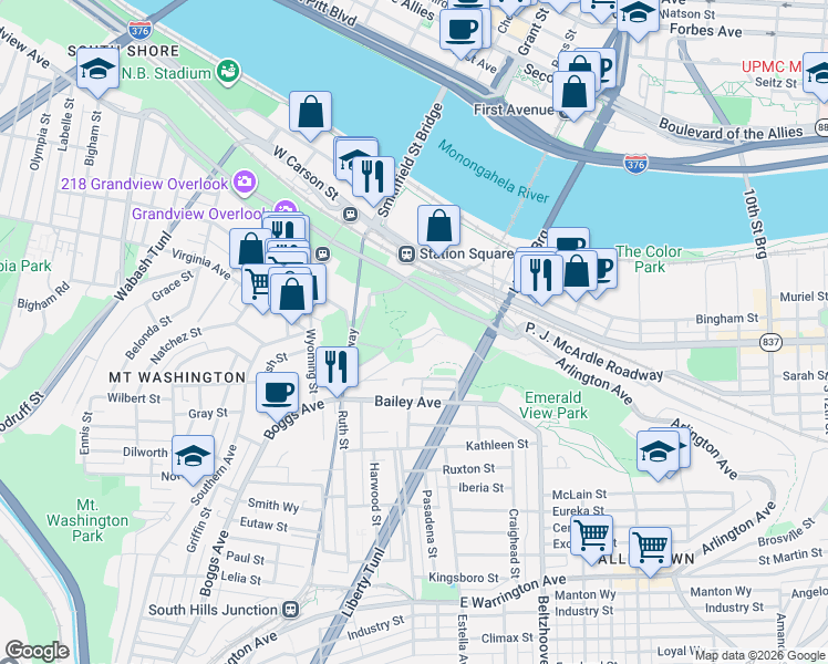map of restaurants, bars, coffee shops, grocery stores, and more near 320 Cola Street in Pittsburgh