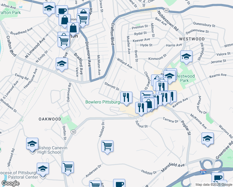 map of restaurants, bars, coffee shops, grocery stores, and more near 93 Sterrett Street in Pittsburgh