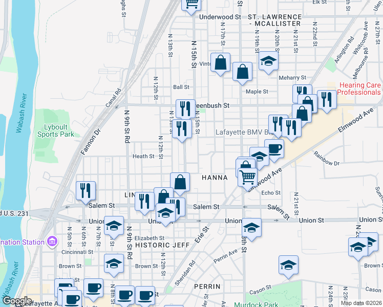 map of restaurants, bars, coffee shops, grocery stores, and more near 1205 North 14th Street in Lafayette