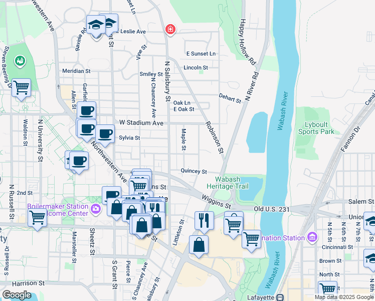 map of restaurants, bars, coffee shops, grocery stores, and more near 464 Maple Street in West Lafayette