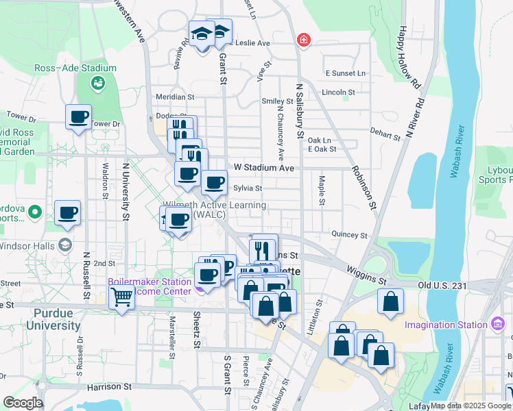 map of restaurants, bars, coffee shops, grocery stores, and more near 465 Vine Street in West Lafayette