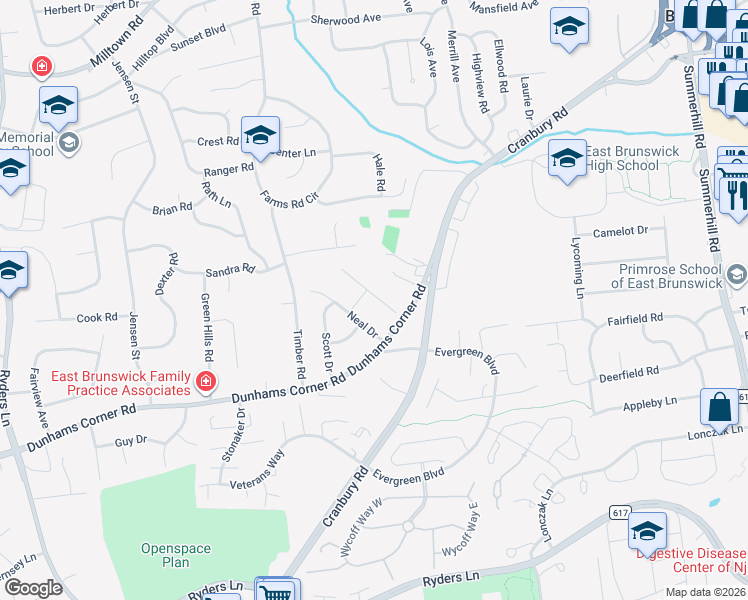 map of restaurants, bars, coffee shops, grocery stores, and more near 5 Kristina Court in East Brunswick