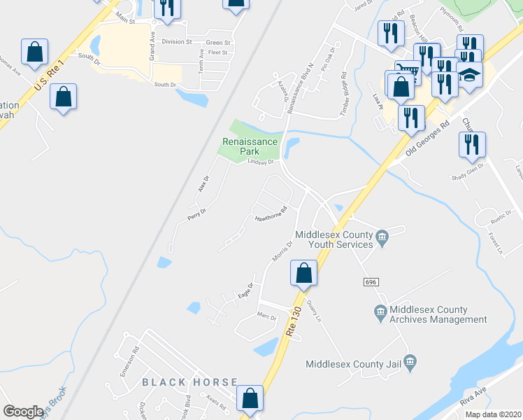map of restaurants, bars, coffee shops, grocery stores, and more near 72 Heatherwood Drive in North Brunswick Township