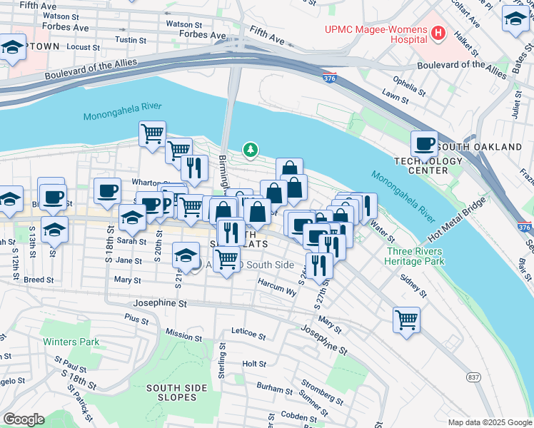 map of restaurants, bars, coffee shops, grocery stores, and more near 84 South 24th Street in Pittsburgh