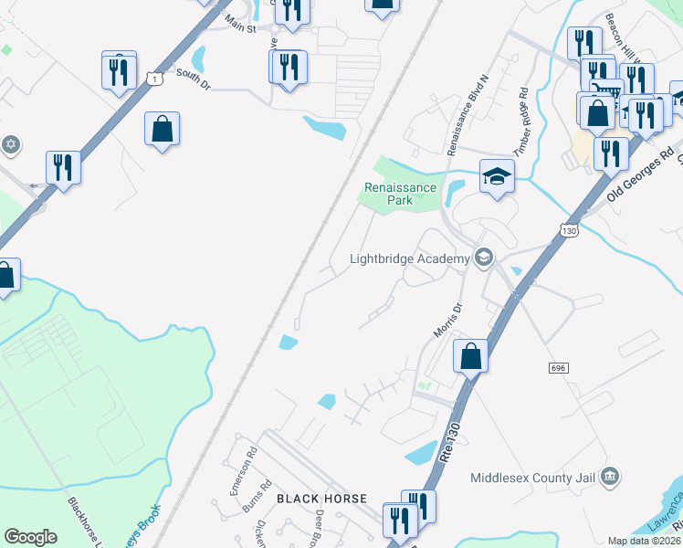 map of restaurants, bars, coffee shops, grocery stores, and more near 500 Perry Drive in North Brunswick Township