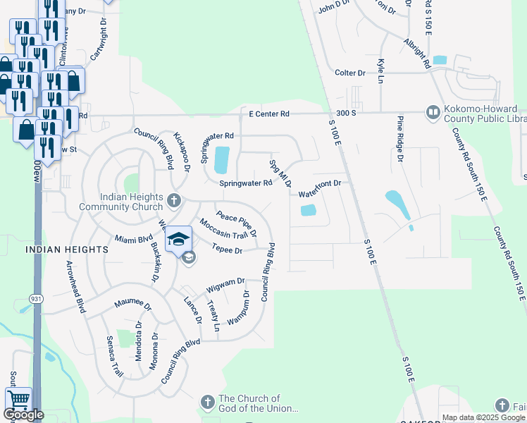 map of restaurants, bars, coffee shops, grocery stores, and more near 1301 Council Court in Kokomo