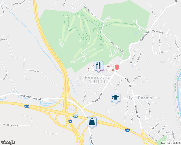 map of restaurants, bars, coffee shops, grocery stores, and more near 1132 Pennsbury Boulevard in Pittsburgh