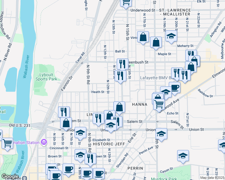 map of restaurants, bars, coffee shops, grocery stores, and more near 1214 Heath Street in Lafayette