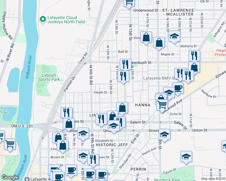 map of restaurants, bars, coffee shops, grocery stores, and more near 1206 Heath Street in Lafayette