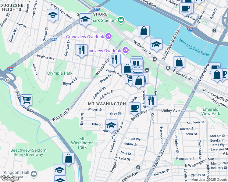 map of restaurants, bars, coffee shops, grocery stores, and more near 247 Natchez Street in Pittsburgh