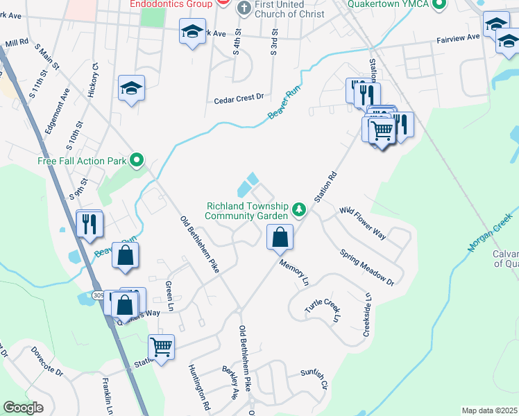 map of restaurants, bars, coffee shops, grocery stores, and more near 1376 Quakers Way in Quakertown