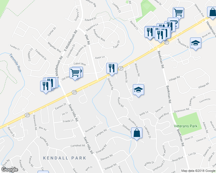 map of restaurants, bars, coffee shops, grocery stores, and more near 5 Stillwell Road in South Brunswick Township