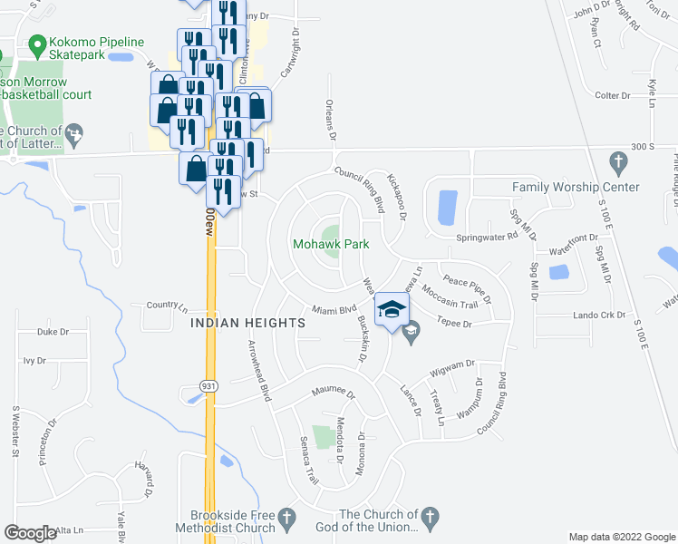 map of restaurants, bars, coffee shops, grocery stores, and more near 5211 Mohawk Drive in Kokomo