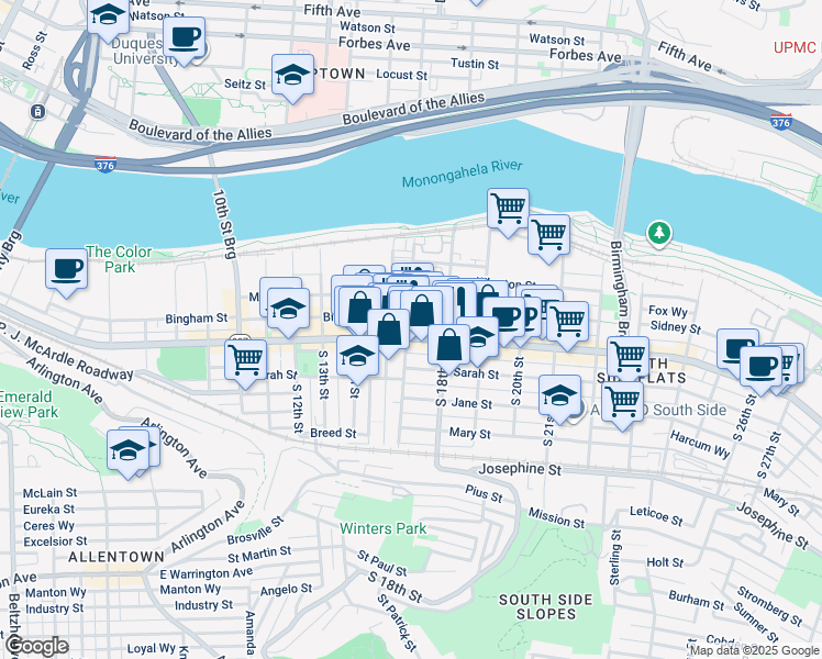 map of restaurants, bars, coffee shops, grocery stores, and more near 1711 Wrights Way in Pittsburgh