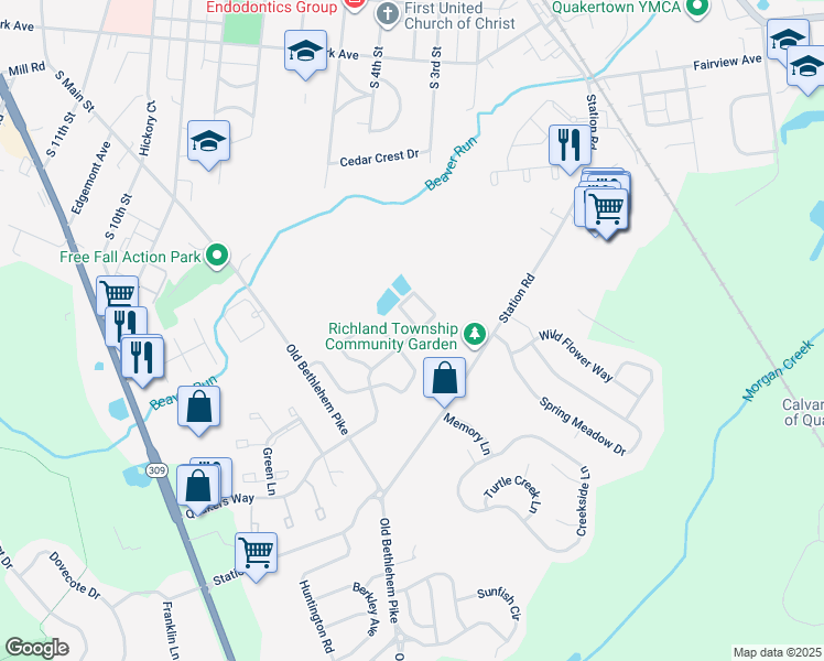 map of restaurants, bars, coffee shops, grocery stores, and more near 1376 Quakers Way in Quakertown