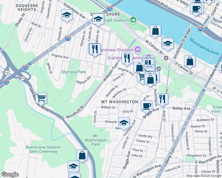 map of restaurants, bars, coffee shops, grocery stores, and more near 407 Grace Street in Pittsburgh