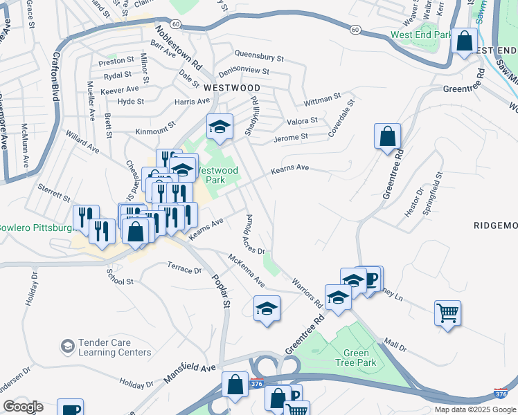 map of restaurants, bars, coffee shops, grocery stores, and more near 1931 Warriors Road in Pittsburgh