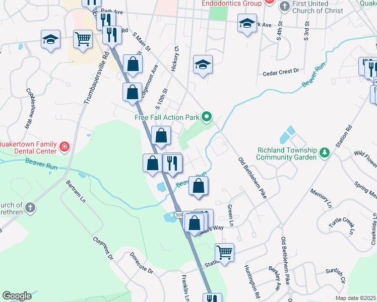 map of restaurants, bars, coffee shops, grocery stores, and more near 102 Jefferson Court in Quakertown