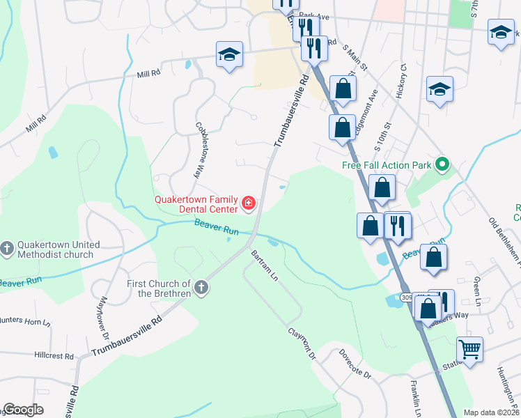 map of restaurants, bars, coffee shops, grocery stores, and more near 238 Trumbauersville Road in Quakertown