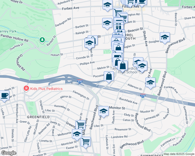map of restaurants, bars, coffee shops, grocery stores, and more near 5616 Pocusset Street in Pittsburgh