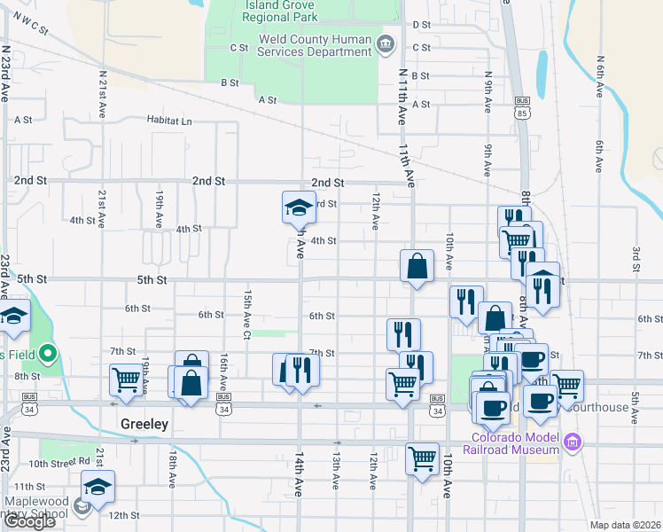 map of restaurants, bars, coffee shops, grocery stores, and more near 423 13th Avenue in Greeley