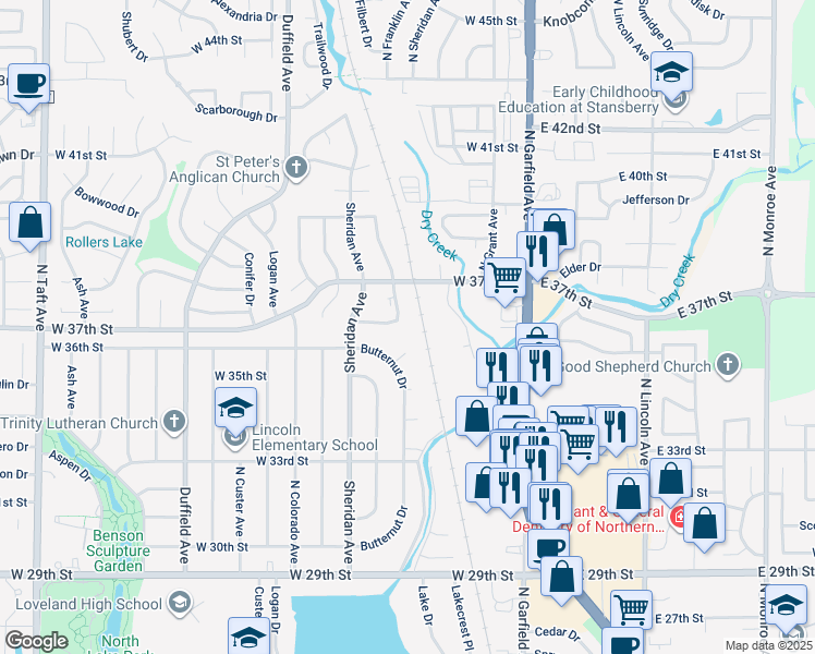 map of restaurants, bars, coffee shops, grocery stores, and more near 3636 Butternut Drive in Loveland