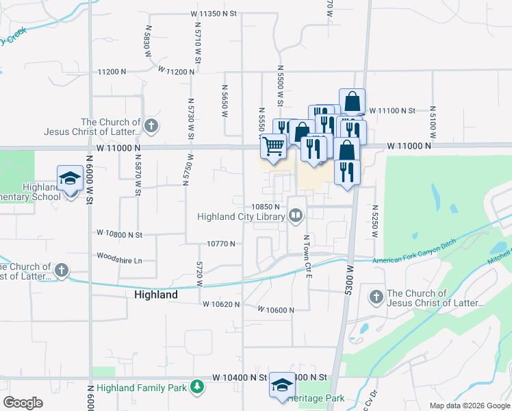 map of restaurants, bars, coffee shops, grocery stores, and more near 5582 West 10890 North in Highland