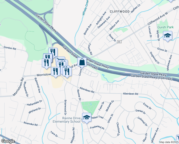 map of restaurants, bars, coffee shops, grocery stores, and more near 40 Cross Road in Matawan