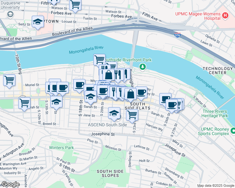 map of restaurants, bars, coffee shops, grocery stores, and more near 2111 Sidney Street in Pittsburgh