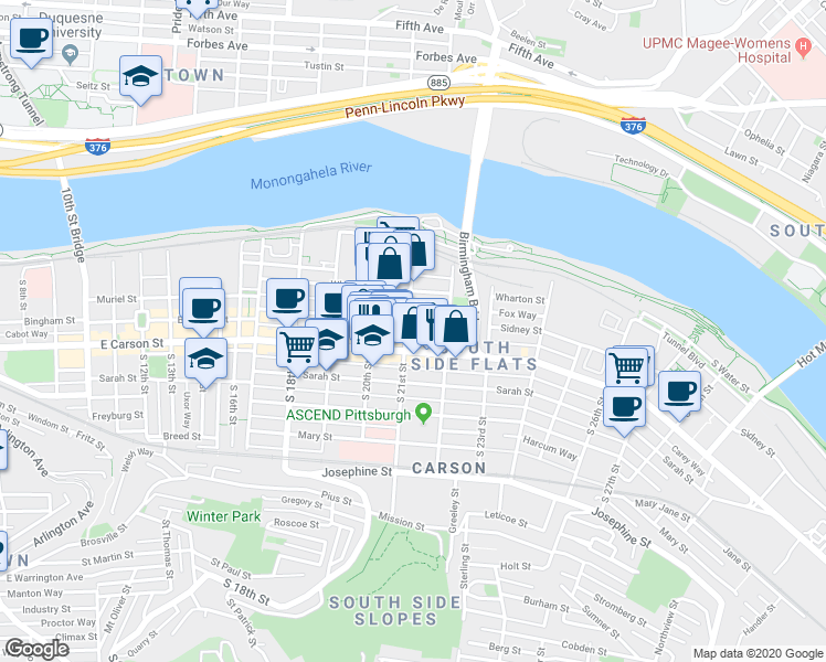 map of restaurants, bars, coffee shops, grocery stores, and more near 2111 Sidney Street in Pittsburgh