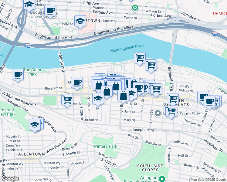 map of restaurants, bars, coffee shops, grocery stores, and more near 1711 Wrights Way in Pittsburgh