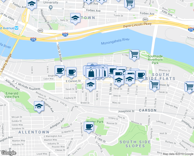 map of restaurants, bars, coffee shops, grocery stores, and more near in Pittsburgh