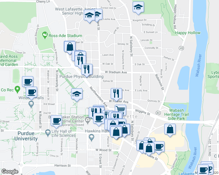 map of restaurants, bars, coffee shops, grocery stores, and more near 465 Vine Street in West Lafayette