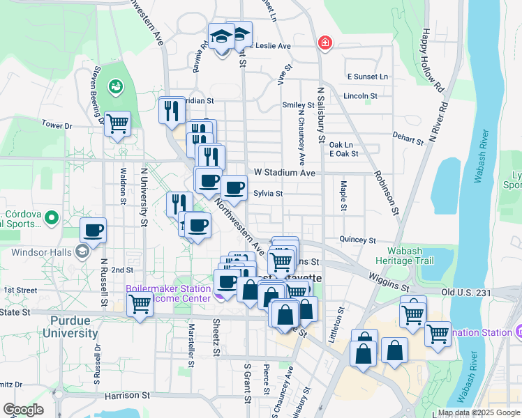 map of restaurants, bars, coffee shops, grocery stores, and more near 460 Grant Street in West Lafayette