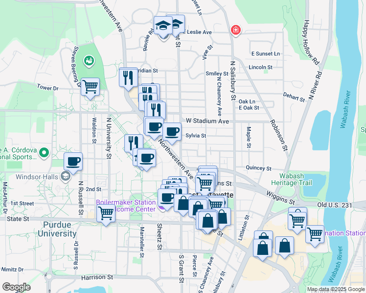 map of restaurants, bars, coffee shops, grocery stores, and more near 460 Grant Street in West Lafayette