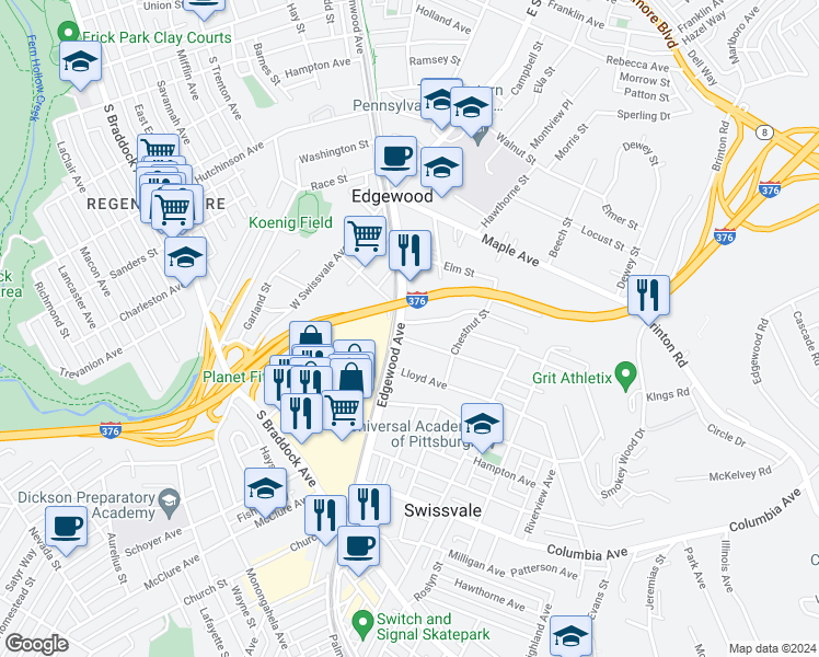 map of restaurants, bars, coffee shops, grocery stores, and more near 104 Oakview Avenue in Pittsburgh
