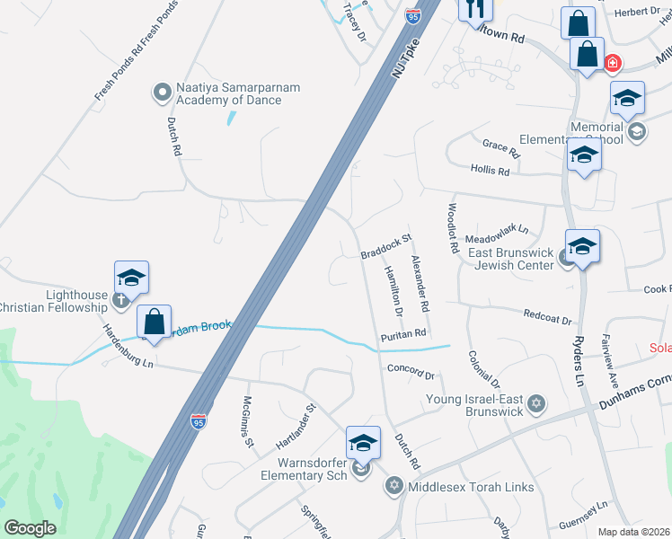 map of restaurants, bars, coffee shops, grocery stores, and more near 5 Eldridge Drive in East Brunswick