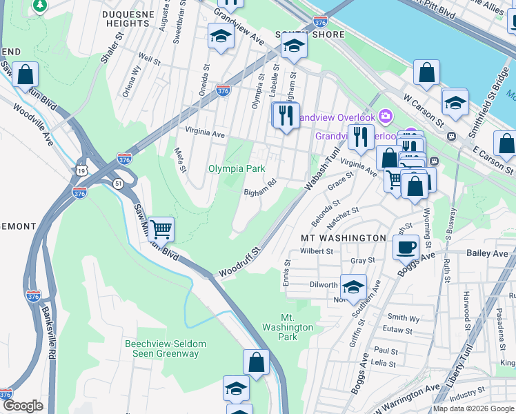 map of restaurants, bars, coffee shops, grocery stores, and more near 612 Pennridge Road in Pittsburgh