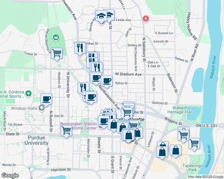 map of restaurants, bars, coffee shops, grocery stores, and more near 444 North Grant Street in West Lafayette